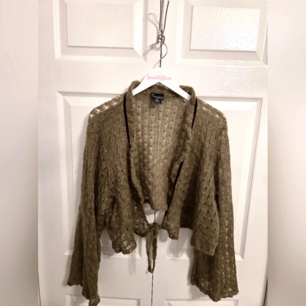 🦋2/$30! Womens Plus Size Tie-Front Moss Green Gold Shrug Lightweight Top